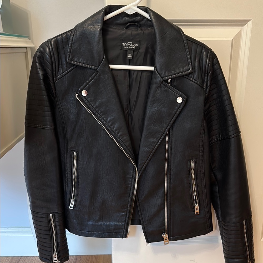 Topshop Black Leather Moto Jacket with Asymmetrical Zipper